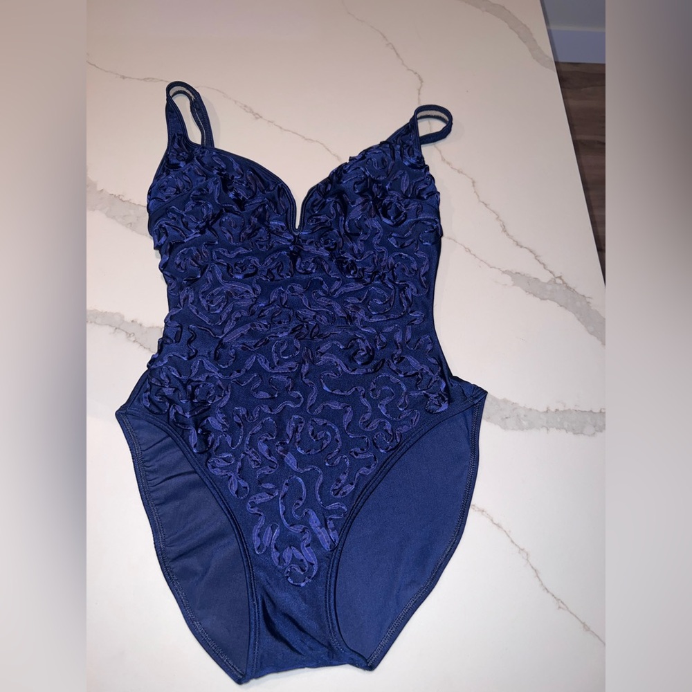 LA BLANCA navy blue ribbon, embellished one piece swimsuit, size 14